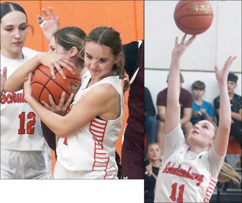 Miranda Bonner (left) ties up a Maiden in the first quarter and Alana Herzik (right) goes to the basket for a layup in the third quarter last Tuesday. Sticker Photos By Darrell Vyvjala