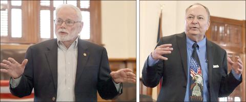 Fayette County Semiquincentennial Commission Chairman Larry Jackson (left) and Fayette County Judge Dan Mueller (right) speak at last week’s meeting to plan events for America’s 250th birthday. Photos By Melanie Berger / Courtesy of Flatonia Argus