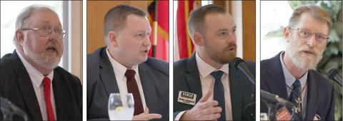 Candidates for Fayette County judge answer questions at last weekend’s forum – (from left) Michael Zweschper, Josh Vandever, Josh Homan, and William P. Bernsen. Photos By Melanie Berger / Courtesy of Flatonia Argus