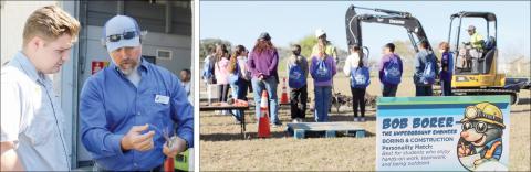 Career Day – Photo at left: Colorado Valley Communications employee Greg Janda (right) shows the structure of a cable. Photo at right: A sign in the foreground explains that boring and construction are “best for students who enjoy hands-on work, teamwork and being outdoors.”