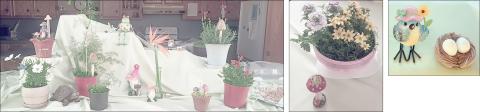 A spring theme was carried out in the decorations, including the main centerpiece (left photo) and table centerpieces (center photo). Among the decorative items were cute bird and eggs figurines (right photo).