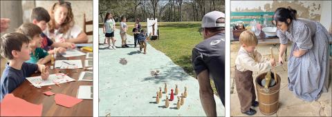 Among the activities planned for Spring Break on the Bluff at Kreische Brewery and Monument Hill State Historic Sites are (left photo) young visitors can get creative with hands-on crafts; (center photo) on Wednesday, March 11, guests can try their hand at historic games and pastimes; and (right photo) the popular ice cream social on Friday, March 13 allows visitors to make batches of homemade ice cream.