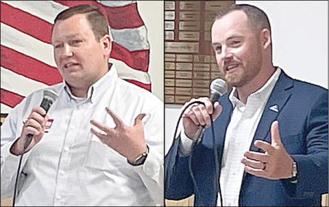 County judge candidates Josh Vandever (left) and Josh Homan (right) give opening remarks at last week’s town hall meeting in Schulenburg. Sticker Photos By Darrell Vyvjala