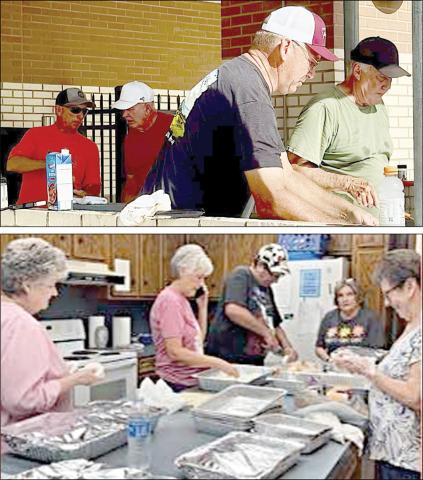 FiRSt BaPtiSt ChuRCh OF SChuLenBuRg provided a hamburger lunch for  Schulenburg ISD personnel on Thursday, Aug. 13. Shown are (top photo, from left) grill crew  Keith Hansen, Steve Bueltel, Kevin Castleman and Melvin Barta; and (bottom photo, from  left)Terese Klesel, Kerri Castleman, Karl Mendel, Phyllis Jurica and Debbie Florus.