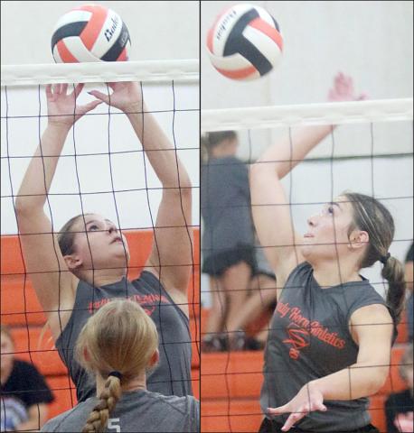 Haylee Vacek (left) taps over a ball and Greenli VanZandt (right) swings for kill during the Lady Horns’ scrimmages last Friday. The two senior outside hitters return as the team’s leaders in kills from a year ago. Sticker Photos By Darrell Vyvjala