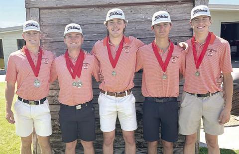 Shorthorn golf team members, shown with their medals following the tournament in El Campo, are: (from left) Reid Janda, Brycen Schramek, Jayse Janda, Brant Redman, and Van Prihoda.