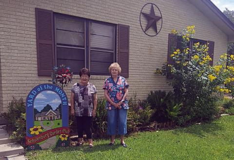 Jerry Leonard (right) and Bonnie Baker (not shown), Schulenburg Garden Club members, spent hours traveling up and down the streets of Schulenburg to find a beautiful yard for September yard of the month – the weather has been very unkind to flowering plants. Kent and Shirley Ohnheiser at 1302 Kellett Ave. have a lovely yard and Shirley Ohnheiser (left) is an avid gardener. Both the front and side yards have a wide variety of colorful blooming plants.