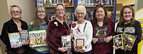 Donation to Schule nburg Publ ic Library – (from left) Juli McCroskey, DAR member; Cindy Lytle, Schulenburg Public Library staff; Kim Joost, Smith-McMillan Chapter librarian; Carolyn Caflisch, Smith-McMillan Chapter regent; Donna Holub, Schulenburg Public Library staff; and Lori Schultz, DAR member.
