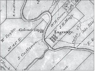 Detail showing the sites for both Colorado City and La Grange along the Colorado River on an 1840 map of Fayette County by W.H. Sandusky, Texas General Land Office draftsman [GLO #3539].