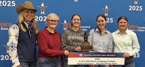 (from left) Houston Livestock Show & Rodeo representative and Schulenburg FFA team members team members Jolene Jarvis, Mikayla Stang, Kenna Oliver and Landry Zapalac.