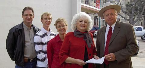 Creed Family – Patsy J. Creed donated the land for Founders’ Park in La Grange. Shown are (from left) Scott Coleman, Wesley Coleman, Beverly Coleman, Patsy J. Creed and former Fayette County Judge Edward F. Janecka. Scott Coleman is one of Patsy Creed’s sons; Wesley is her grandson. Courtesy of Creed Family &amp; Fayette Museum &amp; Archives
