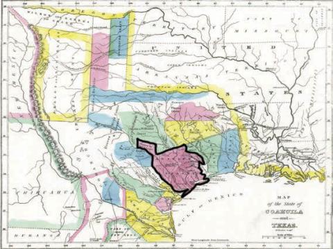 1833 map of Coahuila and Texas from Wikipedia. A dark outline has been added to the map to show the location of Austin’s Colony. (This image from Wikipedia is in the public domain which applies to U.S. works where the copyright has expired.)