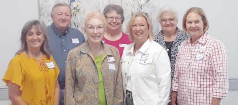 FAYETTE COUNTY RETIRED TEACHERS; ASSOCIATION MEMBERS attending the District 13 Spring Leadership Conference were (front row, from left) Melanie Mica, Karen Fitch, Lisa Slinkard, Linda Oltmann, (back: row) Rick West, Carolyn West and Nancy Pietsch.