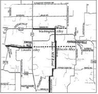 The former locations of Washington Alley and Lincoln Alley on this map are highlighted with darker horizontal lines. The darker vertical line indicates the location of the old Jaeger Mill Road.