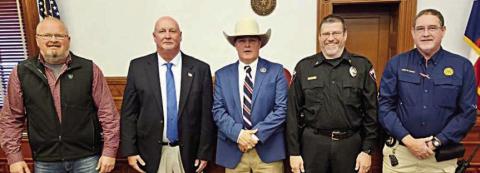 Lavaca County law enforc ement perso nnel include (from left) Moulton Police Chief Daniel Beyer, Yoakum Police Chief Karl VanSlooten, Lavaca County Sheriff Steven Greenwell, Hallettsville Police Chief Randy Schlauch and Shiner Police Chief Wayne Denson.