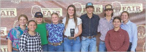 Schulenburg FFA members participating in the Washington County Fair livestock judging contest in Brenham were (from left) Kyrroll Prihoda, Myrannda Slaton, Keeley Warnken, Haley Schramek, Madyson Holub, Van Prihoda, Brant Redman, Ava Slaton and Mikayla Stang. The team of Madyson Holub, Keeley Warnken, Haley Schramek and Kyrroll Prihoda placed eighth out of 102 senior teams. Madyson Holub was the fifth placed high point individual out of 329 senior contestants.