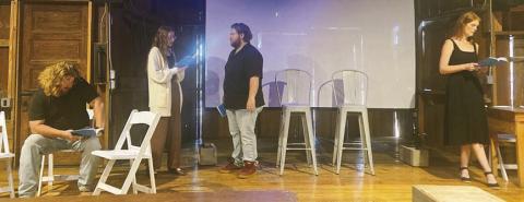 The cast of “Now and Then,” a romantic comedy by Sean Grennan, includes (from left) Brandon Theut, Emily Hudson, Austin Williams and Melanie Lira. The setting for the play is at a bar in 1981.