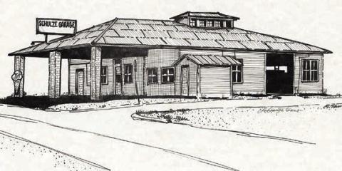 M. Shurl ey made his pen and ink drawing of the Schulze Garage in La Grange for a 1998 calendar produced by Hengst Printing &amp; Office Supplies for its customers. – Courtesy of Fayette Heritage Museum &amp; Archives