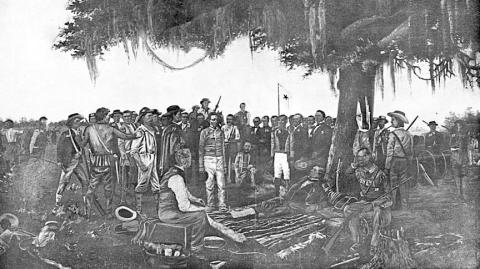 Joel Robison is pictured on a horse above and to the right of Santa Anna, who is standing at Houston’s feet, in this black and white reprint of William Henry Huddle’s painting, “Surrender of Santa Anna: The Day After the Battle of San Jacinto.” Provided to The Portal to Texas History by the Star of the Republic Museum