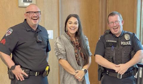 PHOTO ABOVE – A scam prevention program was given recently by (from left) Sgt. Josh Jones, administrative assistant Lauren Dahee and Officer Jimmy Schneider of the Weimar Police Department. Most members were ahead of the game though and were aware of many of the techniques that scammers use.