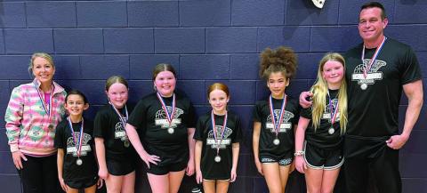 The Schulenburg “Black” team won the 2025 fourth-grade girls’ division playoff tournament recently with an 18-point win over Flatonia in the semifinals and an 11-point victory in the championship game. Shown above are: (from left) coach Kacy McBride, Emma Zweschper, Abigale McBride, Emma McCourt, Rowan Heinrich, Haven Sheppard, Adelyn Hollas, and coach Shannon Hollas.