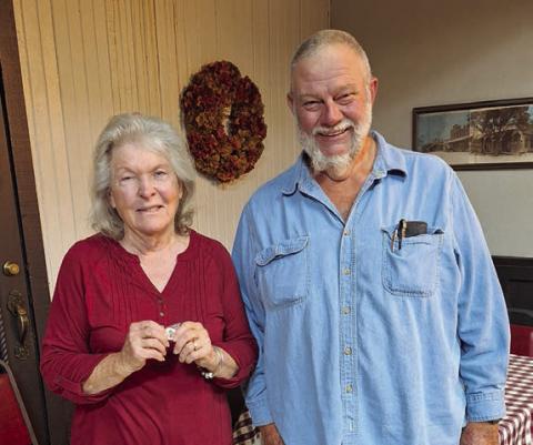 A 50-year pi n to was presented to Pat Mache (left) by Hermann Sons Life Lodge 14 president Ed Moeller (right).