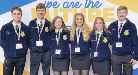 NATIONAL CONVENTION ATTENDEES – (from left) Caleb Jochen, Grant Kubala, Riley Zapalac, Jenna Matura, Harly Zapalac, and Kaz McBride. They were accompanied by Schulenburg FFA Advisor Kacie Gallegos.