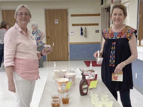 Enjoying the ice cream social at the Fayette County Retired Teachers’ Association meeting are Kim Joost and Rebecca Halder.