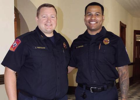 Fayette County EMS Director Josh Vandever (left) introduced Fayette County Assistant EMS Director Gary Daniels (right) during the Commissioners Court meeting on Thursday, Sept. 28. Photo By Melanie Berger / Courtesy of Flatonia Argus