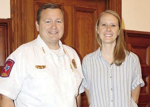 Dr. Emily Smith (right) was approved as EMS medical director by the Commissioners Court. She was introduced by EMS Director Josh Vandever (left). Photo By Melanie Berger / Courtesy of Flatonia Argus