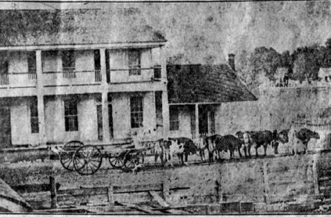 The hot el pictured behind th is team of oxen in the 1860s was located where the Lester Hotel later stood, in the northeast corner of the intersection of Colorado and Washington Streets in La Grange. Photo Courtesy of Fayette Heritage Museum &amp; Archives