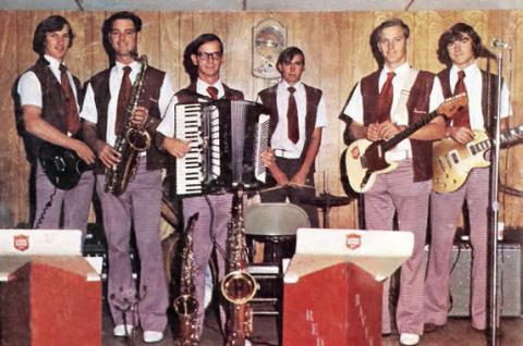 Red Ravens band – Photo from a 1975 album cover taken at the American Legion Hall in Hallettsville, From left: Tommy Hermes, Jodie Hermes, Eugene Mucala, John Matula, Lawrence Svetlik and Daniel Matula.