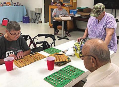 NEW MEMBER ENJOYS BINGO – Among those enjoying bingo at NVCC last week were (foreground, from left) new member Jolene Vacek with Glenda Stavinoha and Elroy Dieringer. Calling bingo was Cheryl Brossmann (background) of Fayette Savings Bank.
