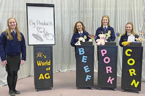 FIRST PLACE AT STATE – Schulenburg FFA’s Ag Advocacy team, (from left) Regan Lux, Kieryn Adams, Taylor Limbaugh, and Annelyse Galipp, brought home a first-place finish in the state FFA’s virtual competition with their presentation covering agriculture by-products derived from three commodities.