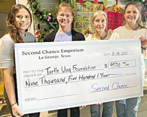 $9,500 Check Presented – On hand as Second Chance Emporium presented a check for $9,500 to Turtle Wing Foundation’s 2022 social skills program were (from left) Destiny Psencik, Turtle Wing executive director; Nancy Hajek, Second Chance church coordinator; Gayle Schielack, Second Chance store director; and Julia Thomas, Second Chance assistant store director.