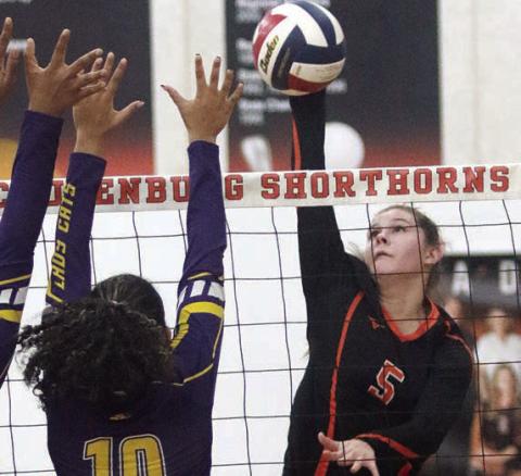 Haylee Vacek sends down one of her 16 kills last Friday. Sticker Photo By Darrell Vyvjala