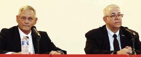 State representative candidates Dennis Geesaman (left) and Stan Kitzman (right) answer questions at Saturday’s forum. Photo By Melanie Berger / Courtesy of Flatonia Argus