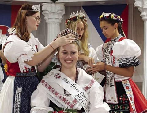 Madelyn Karstedt (front) was crowned the 2024-25 CHS Miss Texas Czech-Slovak Queen by (back, from left) 2023-24 Miss Texas Czech-Slovak Junior Queen Grace Moravec, Queen Katie Kostelnik and Little Princess Mabry Sustala.