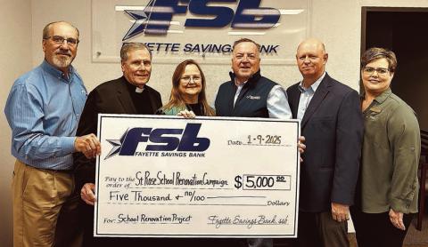 Fayette Savings Bank is holding a matching funds campaign to benefit the building renovation project under way at St. Rose of Lima Catholic School. Displaying a check representing matching funds for that campaign are (from left) Mike Olle, FSB; Rev. Jasper Liggio, St. Rose of Lima Catholic Church pastor; Rosanne Gallia, St. Rose of Lima Catholic School principal; Eamon McCourt, project lead; Gary Zweschper, St. Rose finance committee chair; and Cheryl Brossmann, FSB.