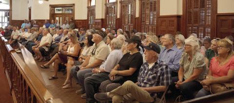 A standing-room-only crowd filled the District Courtroom for the Fayette County Commissioners Court meeting last Thursday. Photo By Melanie Berger / Courtesy of Flatonia Argus