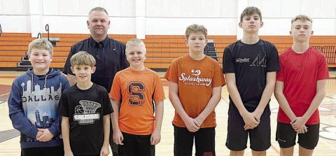 BOYS’ DIVISION WINNERS – (front, from left) Brody Brossmann, 9-year-old; Tripp Brown, 10-yearold; Seth Seydler, 11-year-old; William Herzik, 12-year-old; William Eudy, 13-year-old; and Weston Hollas, 14-year-old. Also pictured is Council 2902 Grand Knight Paul Zapalac (back).
