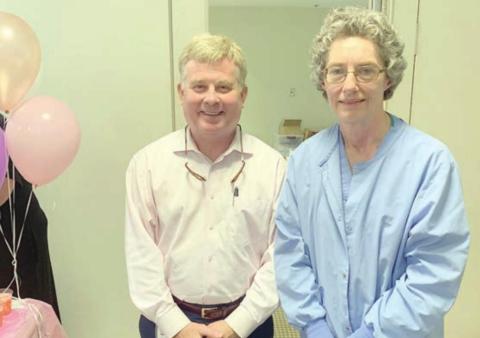 DORIS KLESEL (right) was selected as the St. Mark’s Medical Center recipient of the Dan Wilford Award for Compassion and Community Service. She is shown with Mark Kimball (left), SMMC president/CEO.