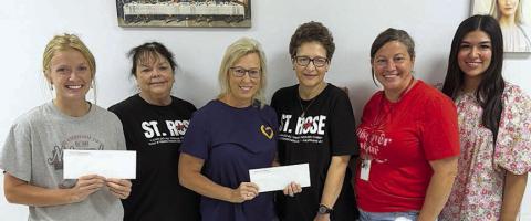 St. Rose Catholic School Teacher Grant – (from left) Madalynn Schneider, Doris Bujnoch, Shelly Langhamer, Pamela Vrazel and Lindsay Schiffli, with Melanie Ramirez, Stanzel Family Foundation program director.