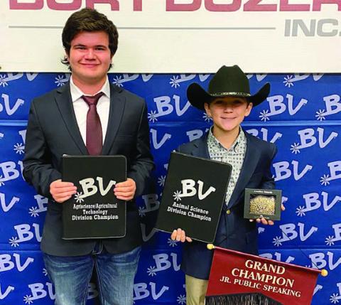 Guenther, Poncik win in public speaking Crockett Guenther (right), a Schulenburg 4-H member, and Logan Poncik (left), a Fayetteville 4-H member, recently competed in the Brazos Valley Fair &amp; Rodeo Public Speaking Contest. In the junior division, Guenther was the overall grand champion public speaking contestant. Poncik competed in the senior division and won champion in the agriscience/agricultural technology category.
