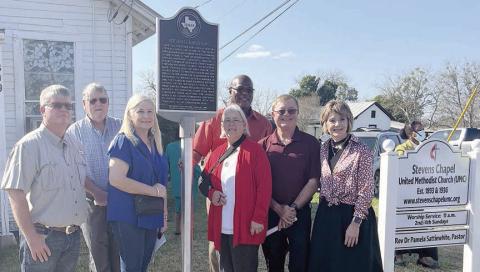 City of Sch ulenburg off icials on hand for the Texas Historical Marker dedication were (from left) Council members Frank Wick III, Clarence Ahlschlager and Kathy Kleiber; Mayor Connie Koopmann; Council members Greg Thomas and Roger Moellenberndt; and City Administrator Tami Walker.