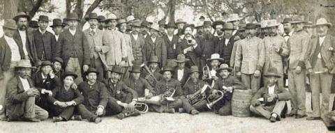 SCHUETZENVEREIN MEMBERS – Members of the Bluff Schuetzenverein, a German Texas shooting club and social organization, pose for a photo at one of their many events in the late 1870s or early 1880s