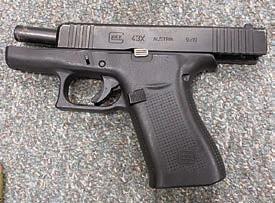 A 9mm Gloc k 43X was found hidden beneath the vehicle's carpet during a traffic stop in Carmine.