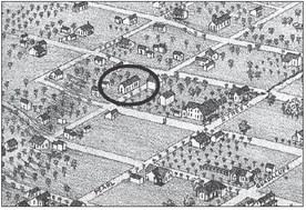Detail from Augustus Koch’s 1880 Bird’s Eye View of La Grange showing the building believed to be the school on Camp Street where John G. Schermack taught African American students.