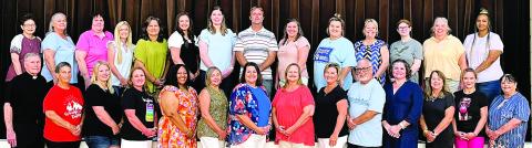 Staff for 2024-25 includes (front row, from left) Pastor Jasper Liggio, Carolyn Osina, Rachel Guentert, Jaime Rainosek, Shavon Lewis, Michelle Kubos, Donna Kunz, Rosanne Gallia, Jeannie Mican, Julius Castillo, Melissa Schmidt, Sandy Zaruba, Paige Berger, Doris Bujnoch, (back row) Pamela Vrazel, Carmen Stoner, Colette Surman, Madalyn Schneider, Sheila Klimitchek, Annie Stoner, Claire Eckhardt, Matt Bonner, Lindsey Schiffli, Hannah Ahrens, Wendy Becka, Megan Pledger, Laura Fogle and Kelly Adams.