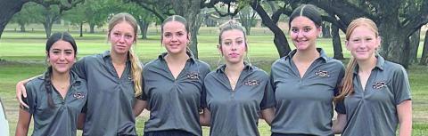 Lady Horns who competed in the district golf tournament last week were: (from left) Kendra Salmon, Michaela Kollmann, Kerr McBride, Brennan Chudej, Molly Rorschach, and Avery Hartensteiner.
